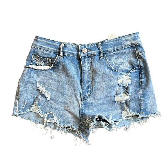 Shein Distressed Jean Shorts Medium Blue Cutoff Raw Hem High Rise Denim Summer - Picture 1 of 6